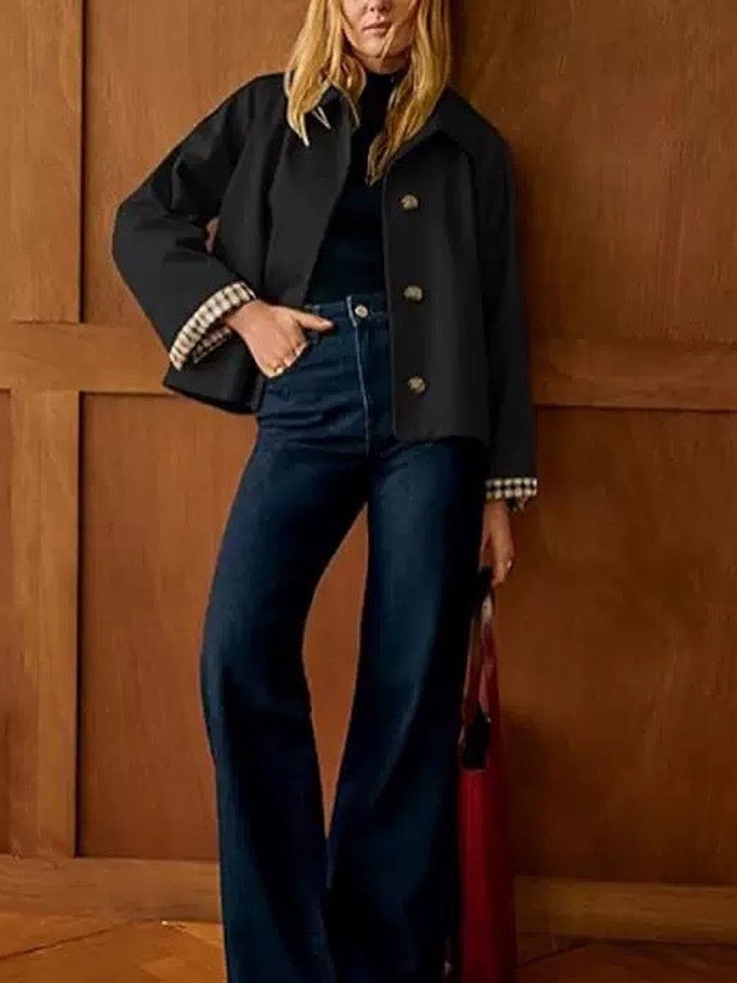 100% Polyester Cropped Swing Jacket – Women – Black – worn